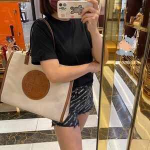 Tory Burch Ella Cream and Brown Tote Bag